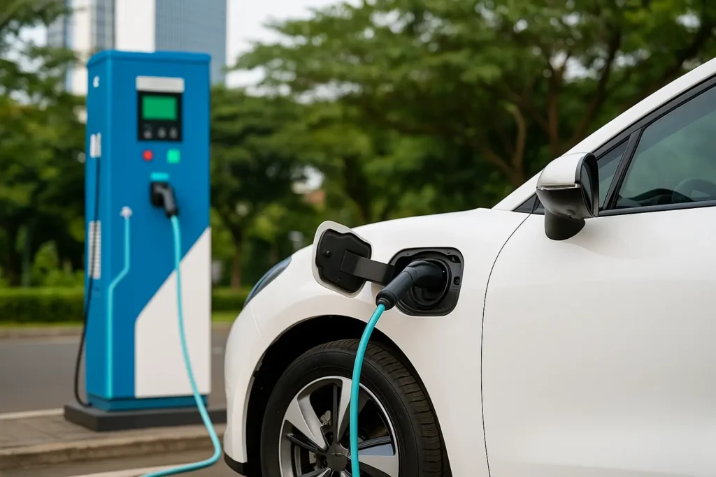 "mobil listrik di Indonesia sedang diisi daya di SPKLU, efisiensi energi dan kendaraan ramah lingkungan"