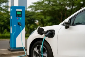 "mobil listrik di Indonesia sedang diisi daya di SPKLU, efisiensi energi dan kendaraan ramah lingkungan"