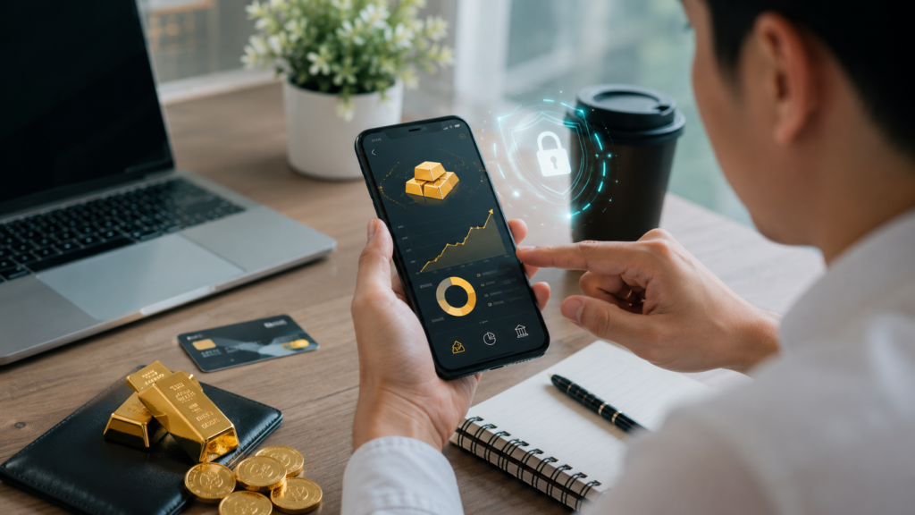 Ilustrasi grafik investasi emas digital di smartphone