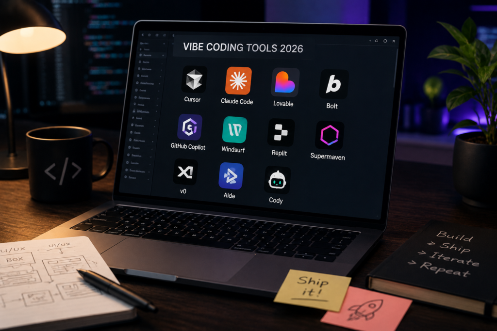 ilustrasi tools vibe coding terbaik 2026 di layar laptop developer