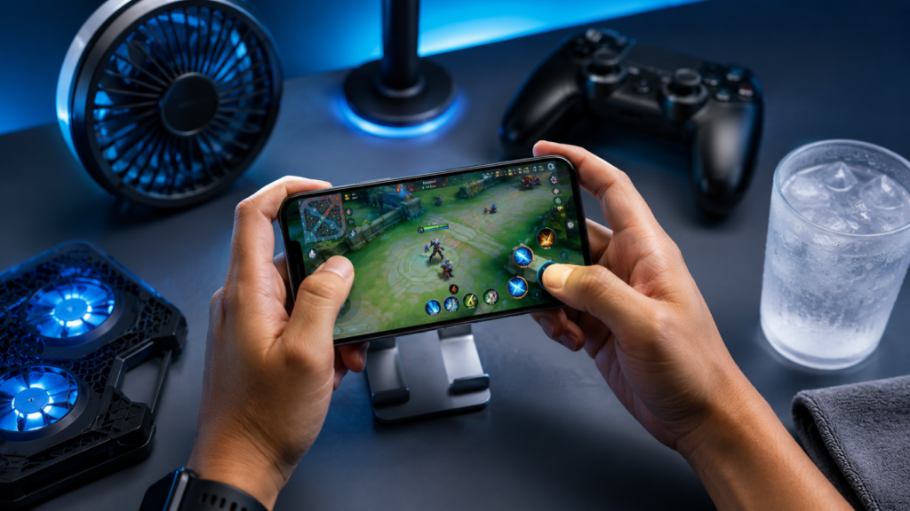 tangan memegang HP kepanasan saat main game yang sedang didinginkan