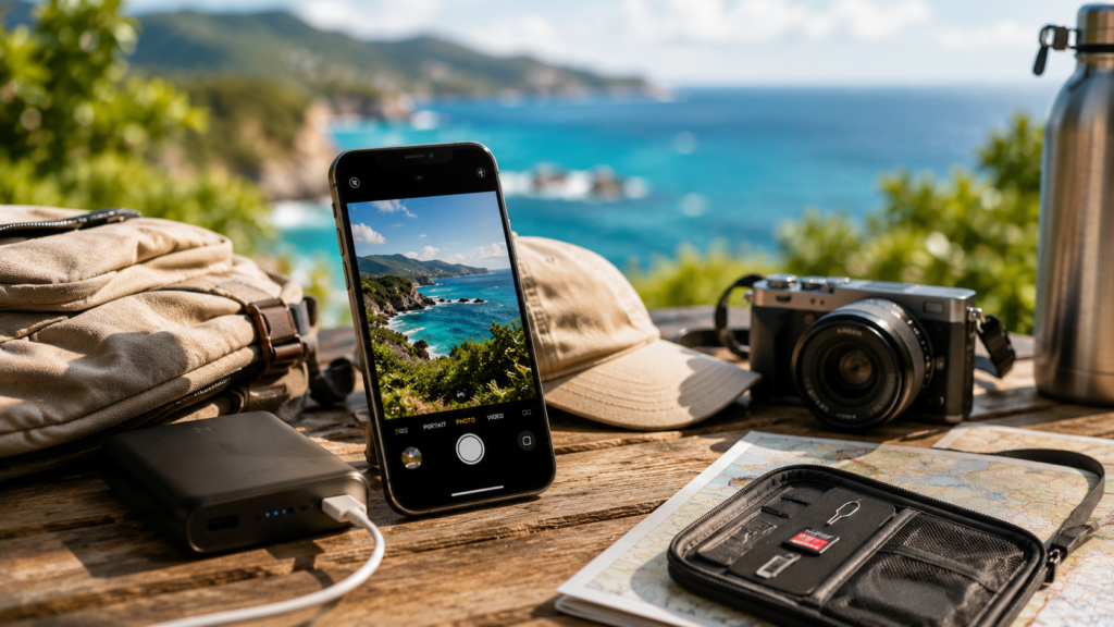 wisatawan memakai HP saat liburan untuk memotret pemandangan