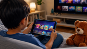 anak bermain aplikasi Netflix Playground di tablet dengan pengawasan orang tua